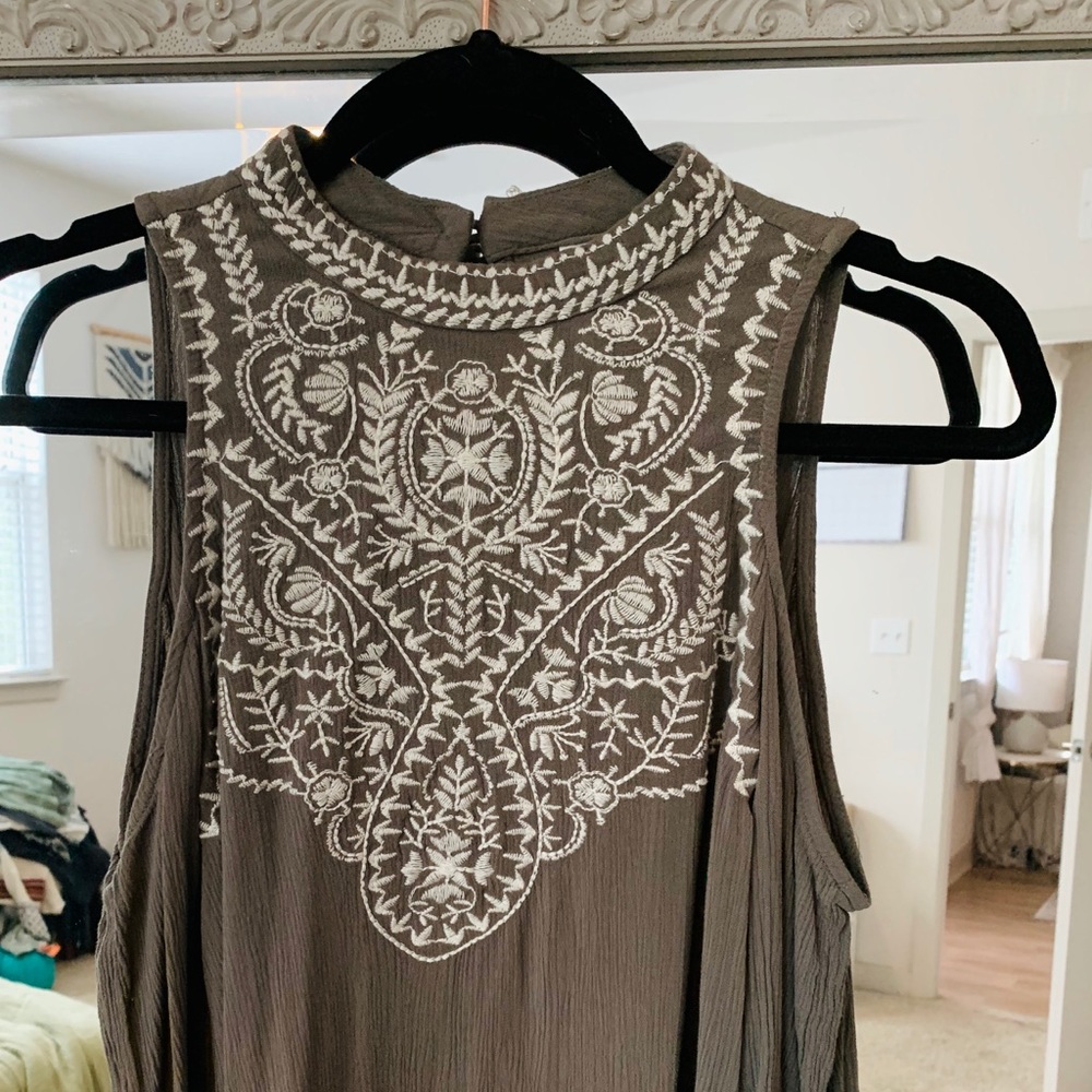 Olive colored cold-shoulder embroidered top